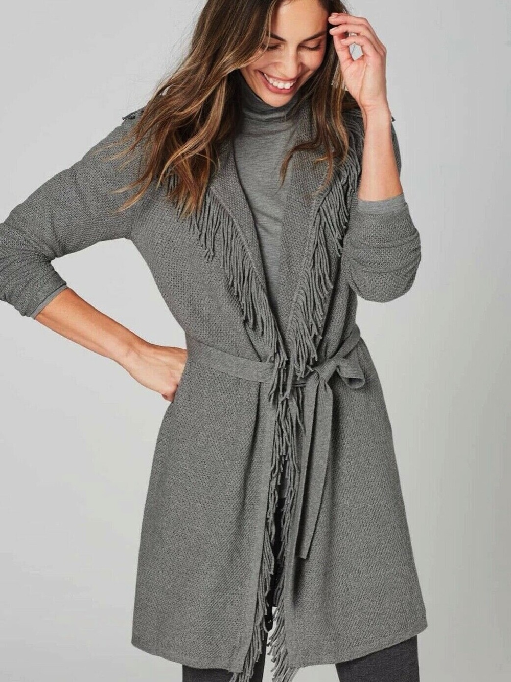 J. Jill Gray Fringe Knit Belted Long Cardigan